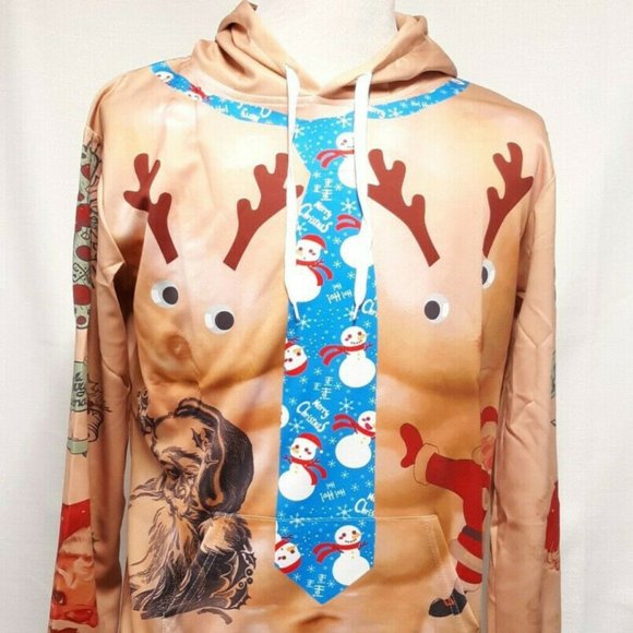 Unisex Ugly Sweater Christmas Reindeer w/ Blue Snowman Printed Necktie Hoodie - Picture 1 of 3